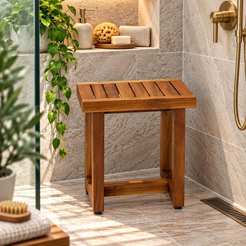 18" X 18" Brown Teak Slat Rectangular Shower Bench