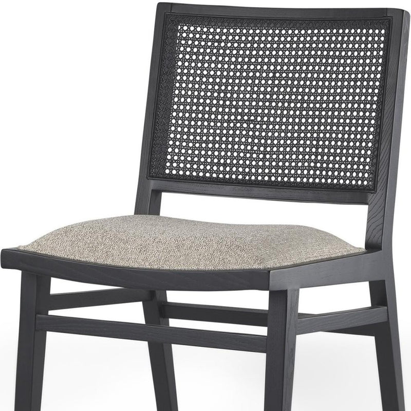 Set of Two Beige And Black Fabric Solid Wood And Rattan Dining Side Chairs