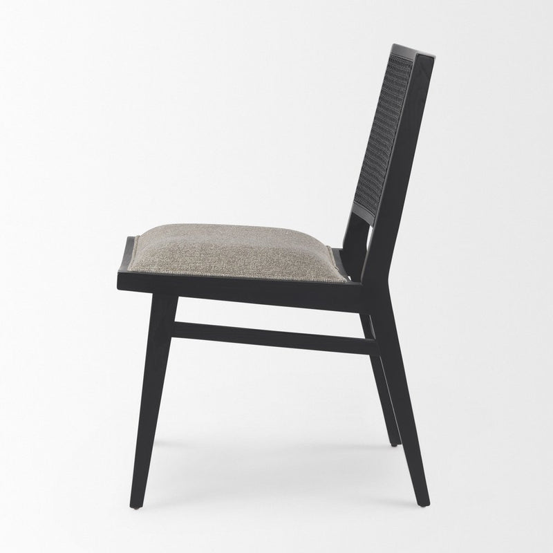Set of Two Beige And Black Fabric Solid Wood And Rattan Dining Side Chairs