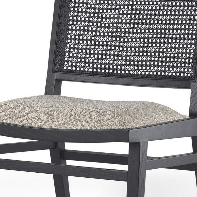 Set of Two Beige And Black Fabric Solid Wood And Rattan Dining Side Chairs