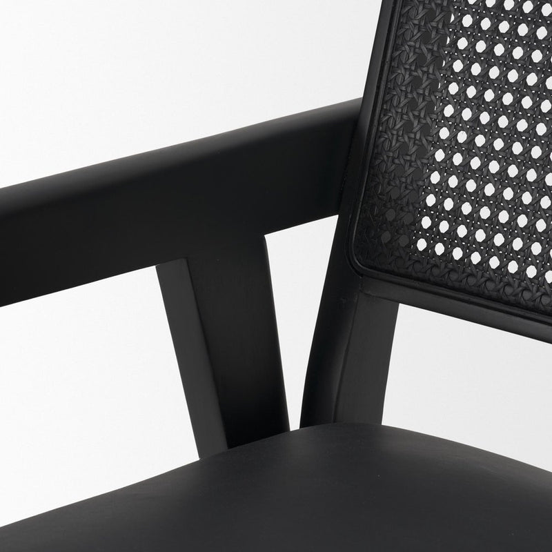 Black Leather Solid Wood And Rattan Dining Arm Chair