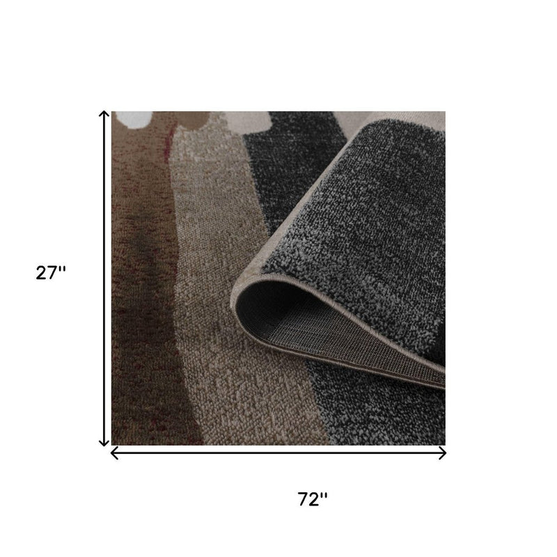 6' Beige Black Brown Charcoal Cream Gray And Red Abstract Runner Rug