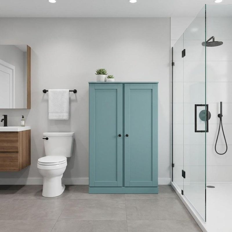 32" Aqua Solid Wood Double Door Linen Cabinet