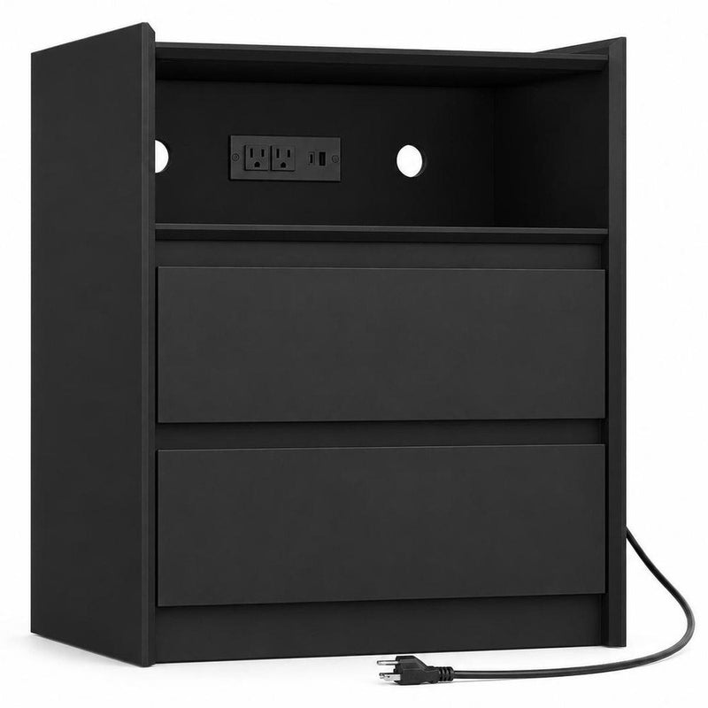 24" White Wood Two Drawer Nightstand with USB Port and Integrated Tech