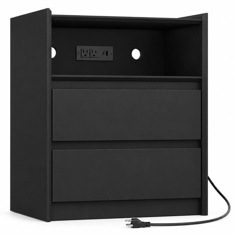24" White Wood Two Drawer Nightstand with USB Port and Integrated Tech