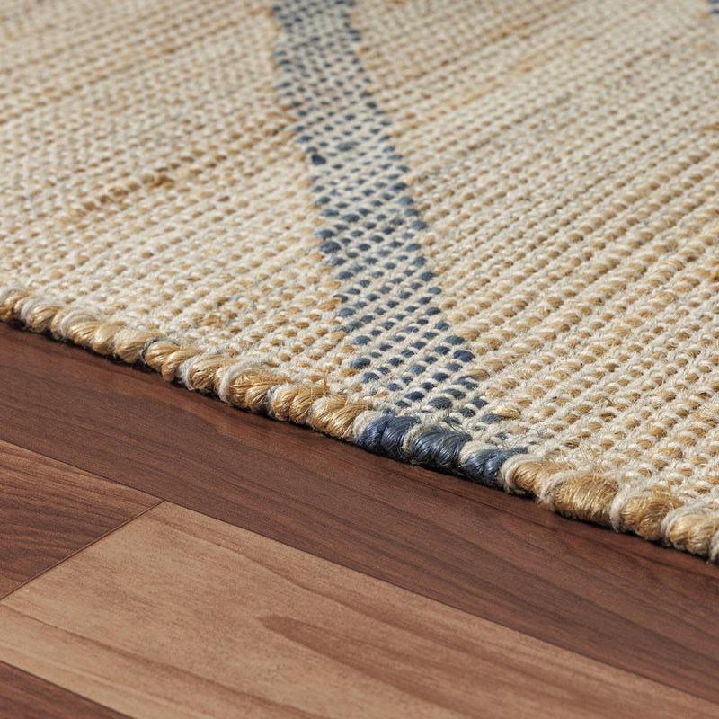 2' X 3' Beige And Blue Jute Abstract Hand Woven Area Rug