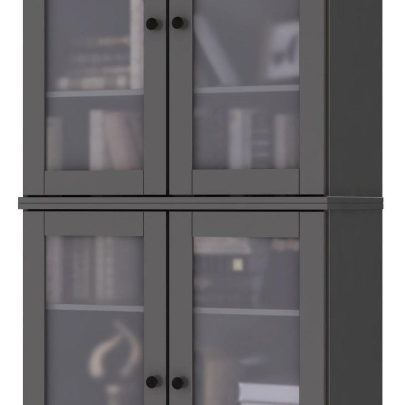 72" Gray Solid Wood Adjustable Six Tier Library Bookcase with Four Doors