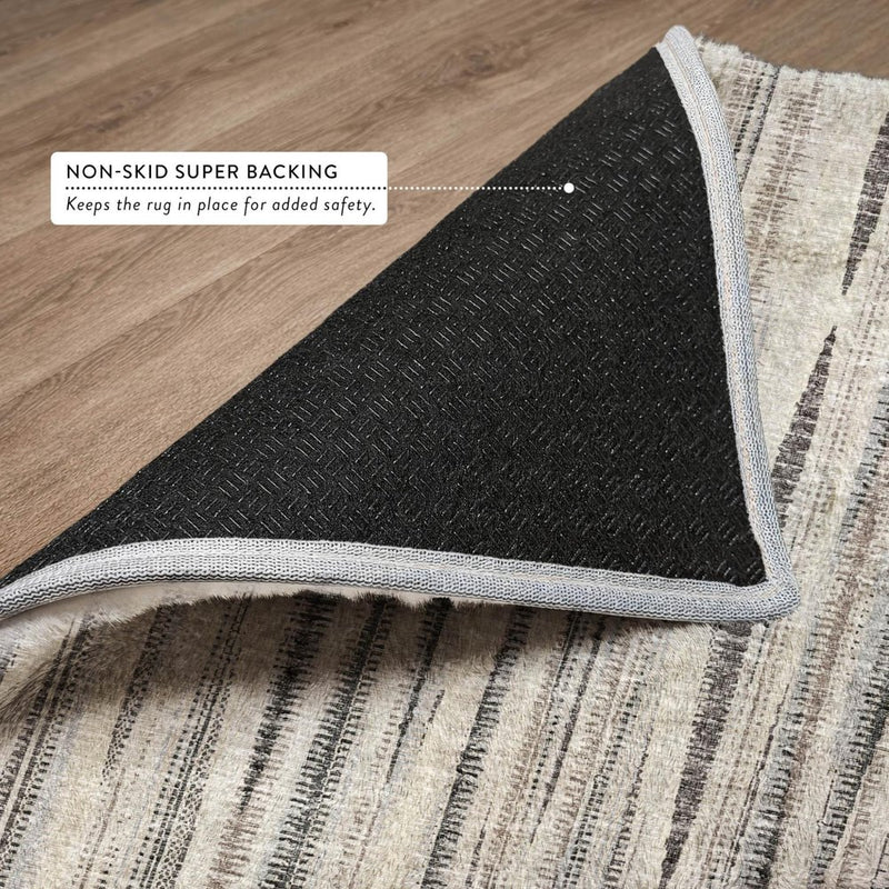 3' X 5' Beige And Chocolate Striped Shag Washable Area Rug With UV Protection