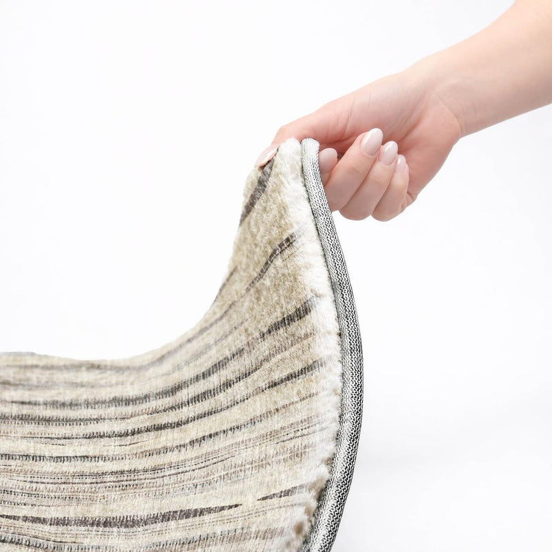 8' Beige And Chocolate Striped Shag Washable Round Rug With UV Protection