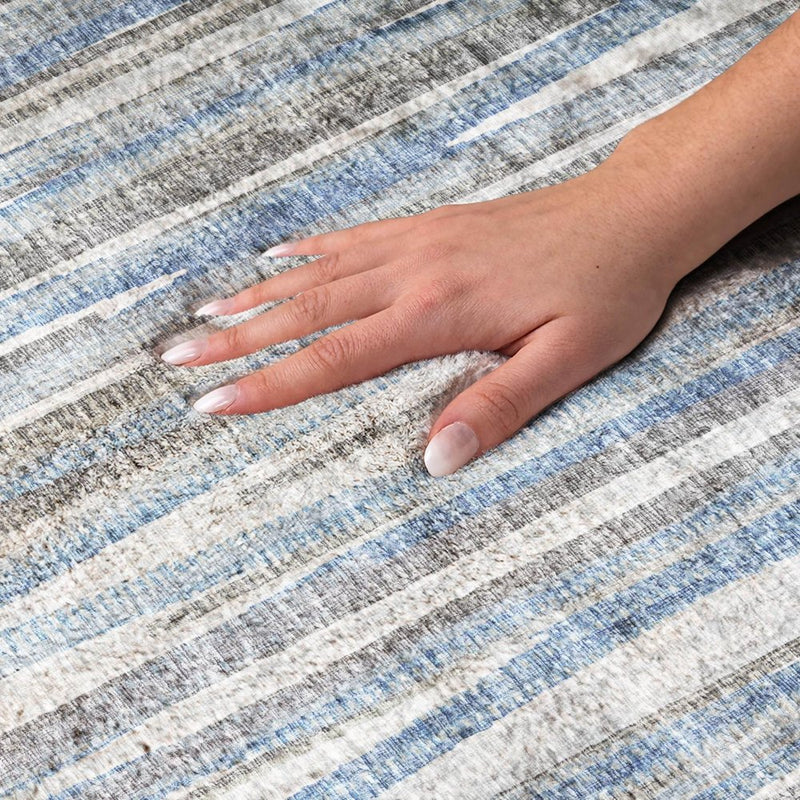 5' X 8' Blue And Ivory Striped Shag Washable Area Rug With UV Protection