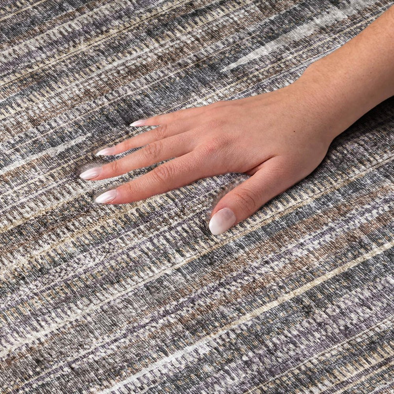 8' Brown And Copper Striped Shag Washable Round Rug With UV Protection