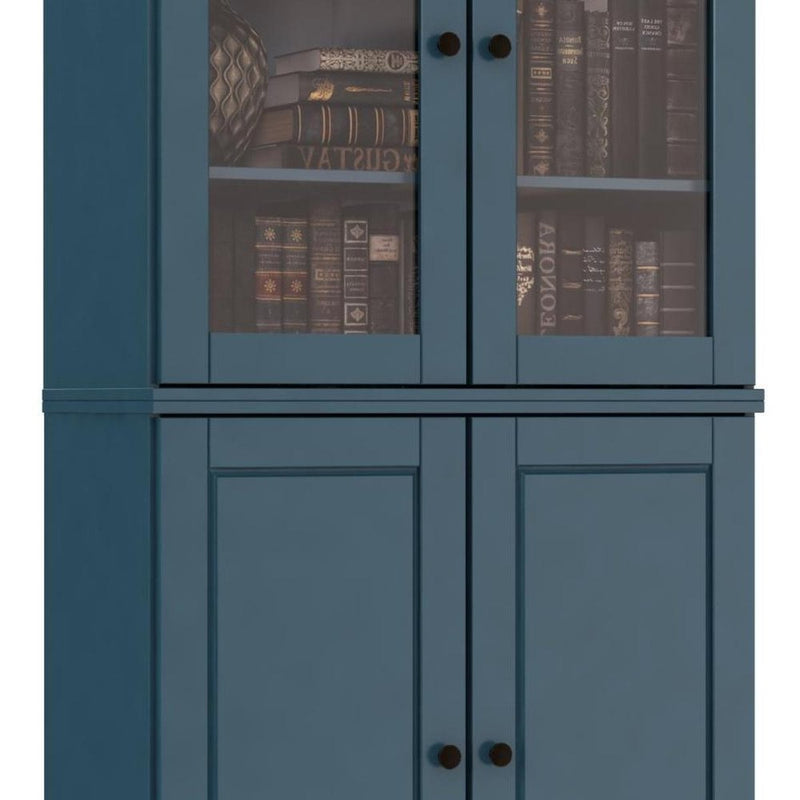 72" Teal Blue Solid Wood Adjustable Six Tier Library Bookcase with Four Doors