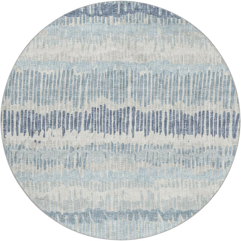 8' Blue And Taupe Striped Shag Washable Round Rug With UV Protection