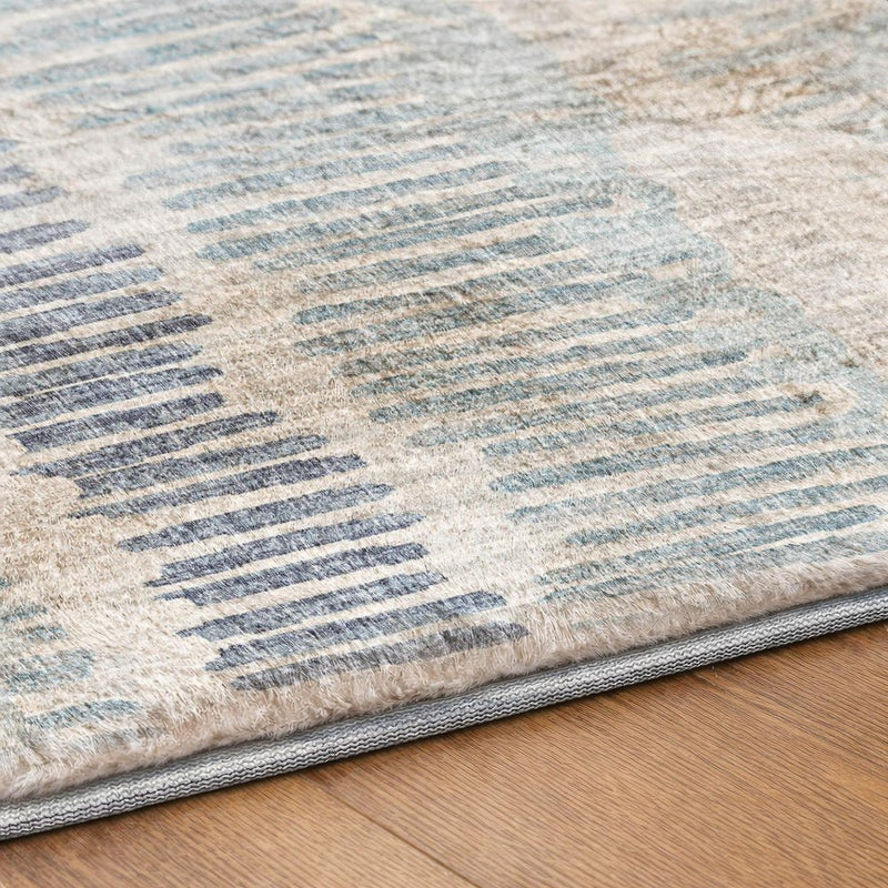 8' Blue And Taupe Striped Shag Washable Round Rug With UV Protection