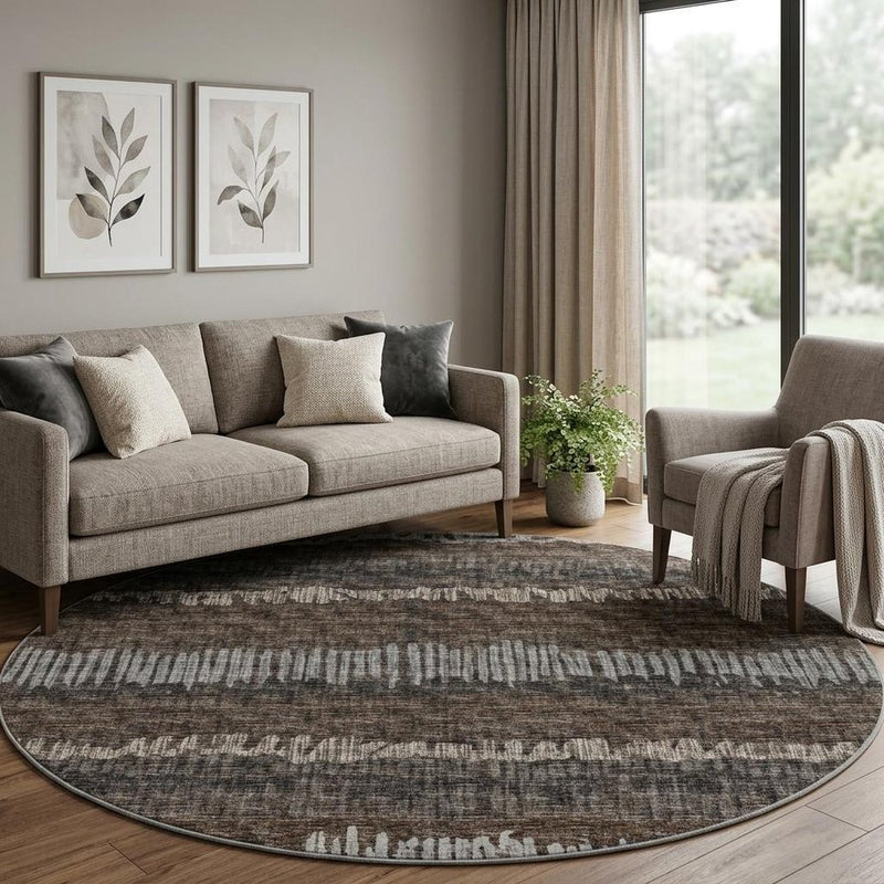 8' Brown And Charcoal Striped Shag Washable Round Rug With UV Protection