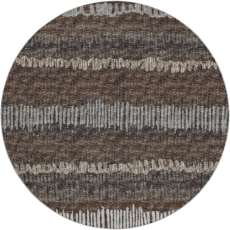 8' Brown And Charcoal Striped Shag Washable Round Rug With UV Protection