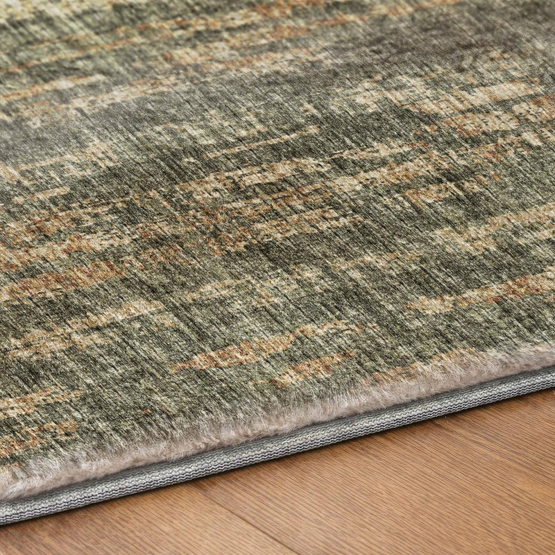 8' Green And Brown Striped Shag Washable Round Rug With UV Protection
