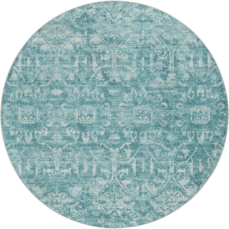 8' Blue And Charcoal Oriental Shag Washable Round Rug With UV Protection