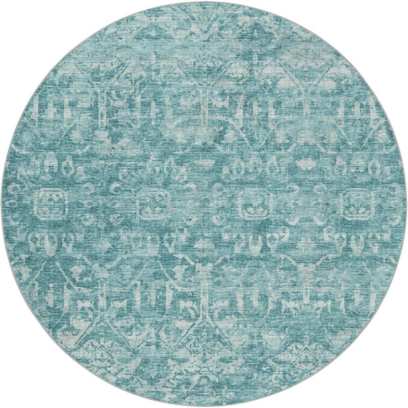 8' Blue And Charcoal Oriental Shag Washable Round Rug With UV Protection