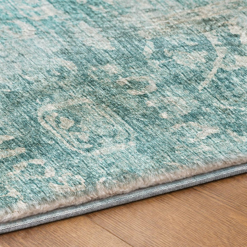 8' Blue And Charcoal Oriental Shag Washable Round Rug With UV Protection