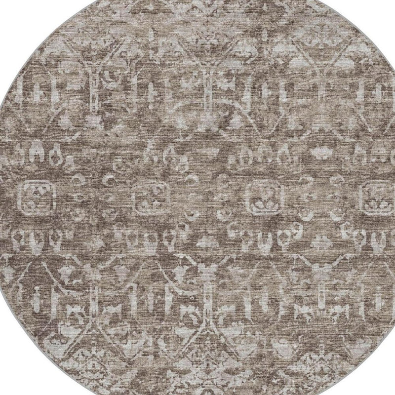 8' Brown And Charcoal Oriental Shag Washable Round Rug With UV Protection