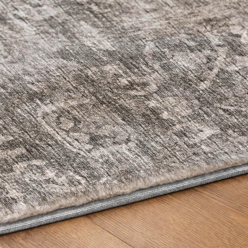 8' Charcoal And Gray Oriental Shag Washable Round Rug With UV Protection