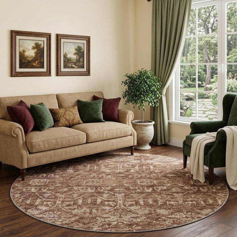 8' Chocolate And Charcoal Oriental Shag Washable Round Rug With UV Protection