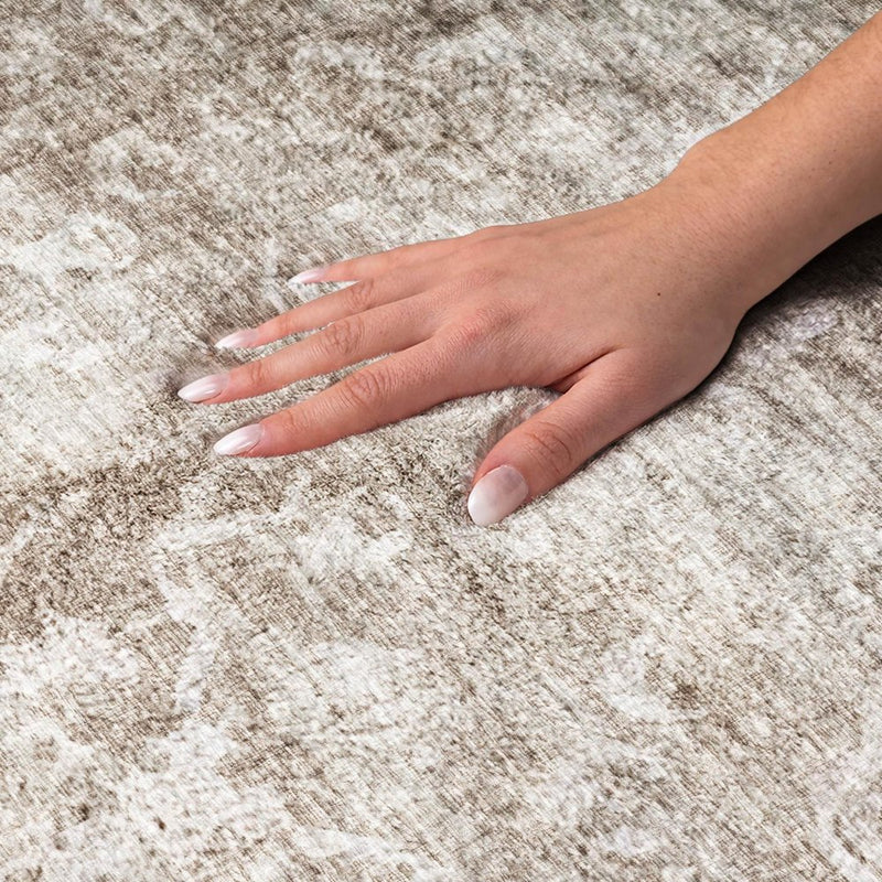 8' Taupe And Charcoal Oriental Shag Washable Round Rug With UV Protection