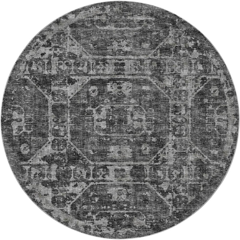 8' Black And Charcoal Oriental Shag Washable Round Rug With UV Protection