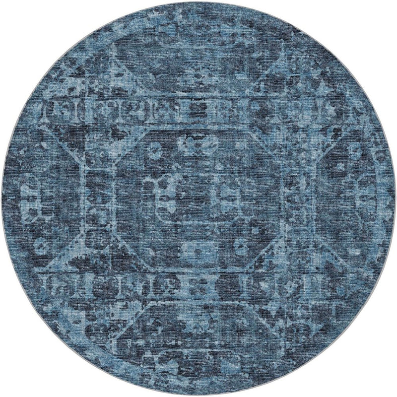 8' Navy Blue And Charcoal Oriental Shag Washable Round Rug With UV Protection
