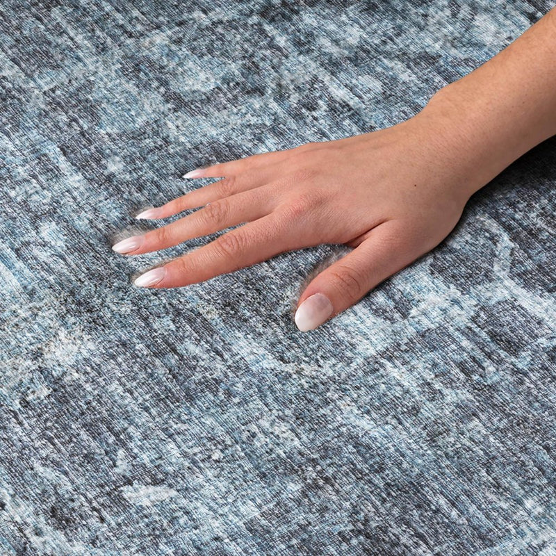 8' Navy Blue And Charcoal Oriental Shag Washable Round Rug With UV Protection