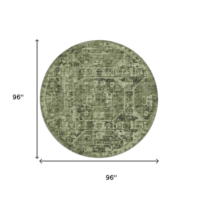 8' Olive Green And Charcoal Oriental Shag Washable Round Rug With UV Protection