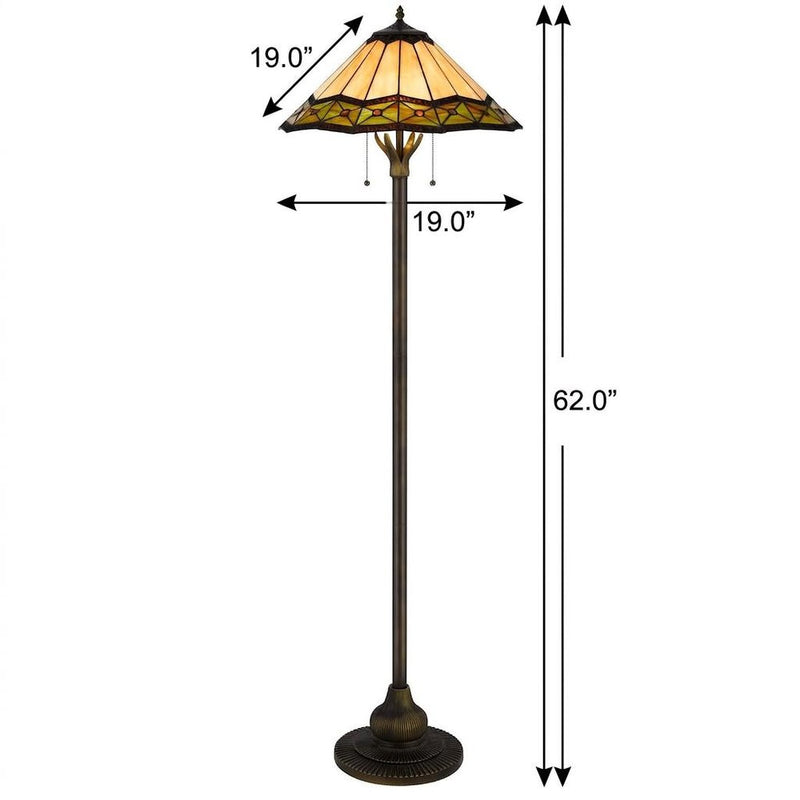 62" Bronze Metal Two Light Floor Lamp With Bone Green And Orange Abstract Tiffany Glass Empire Shade
