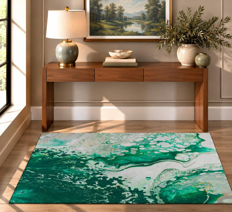 3' X 5' Green And Ivory Abstract Shag Washable Area Rug With UV Protection