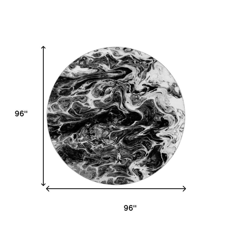 8' Black And Ivory Abstract Shag Washable Round Rug With UV Protection