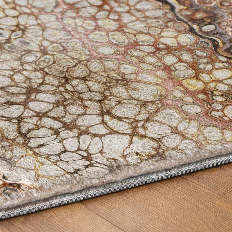 8' Brown And Ivory Abstract Shag Washable Round Rug With UV Protection