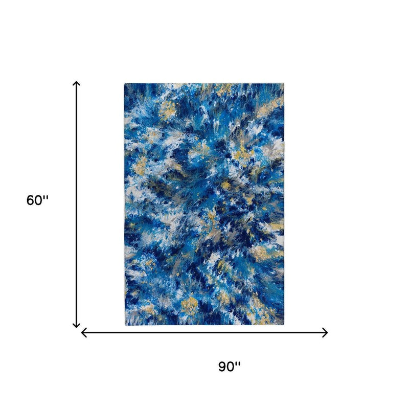5' X 8' Blue And Ivory Abstract Shag Washable Area Rug With UV Protection