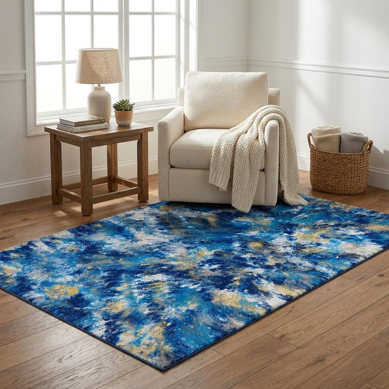 5' X 8' Blue And Ivory Abstract Shag Washable Area Rug With UV Protection