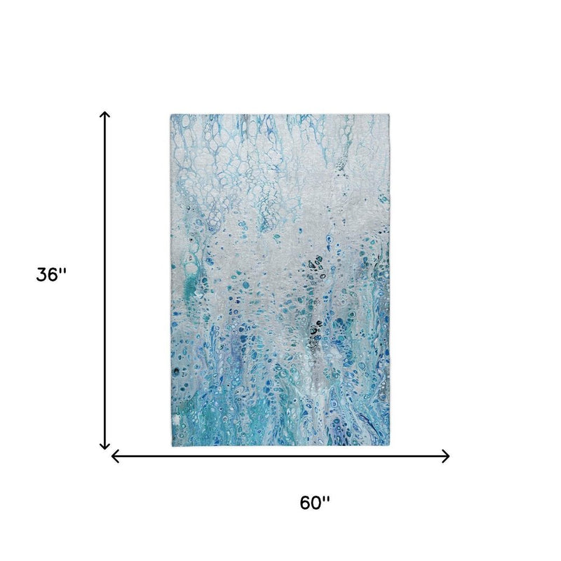 3' X 5' Blue And Teal Abstract Shag Washable Area Rug With UV Protection