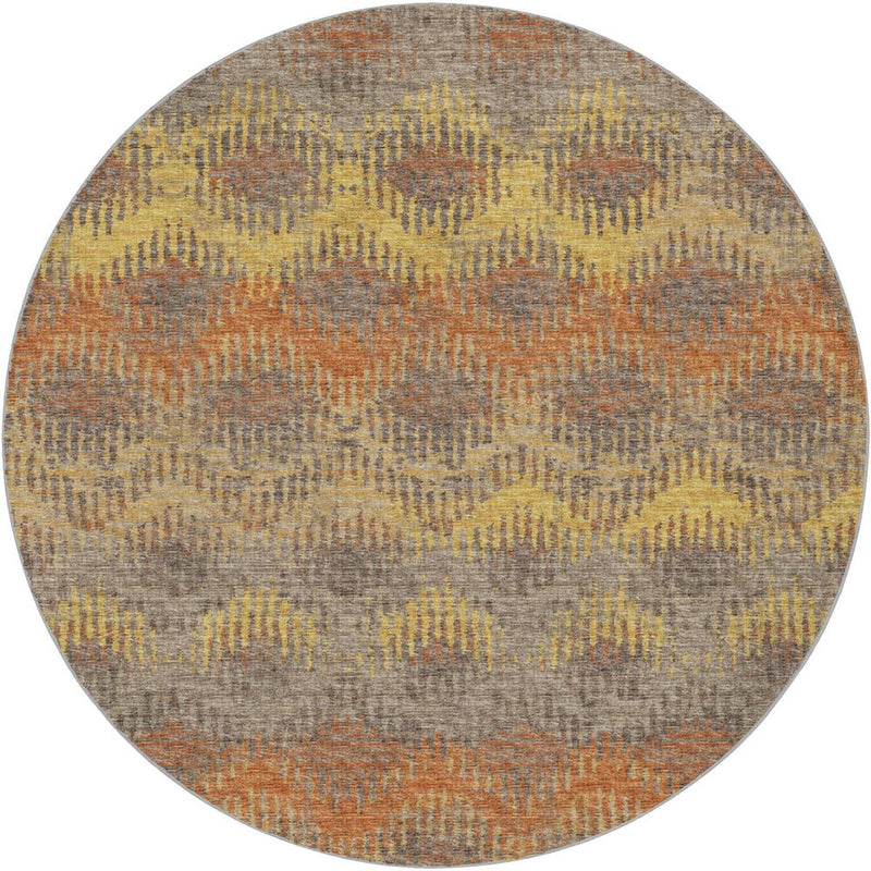 8' Brown And Gold Geometric Shag Washable Round Rug With UV Protection