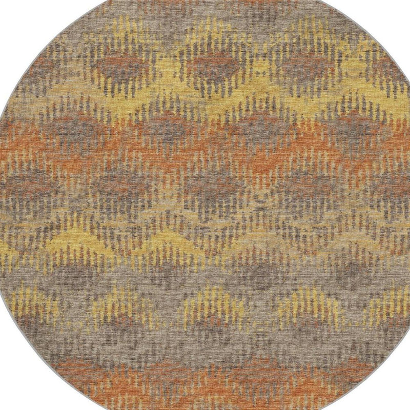 8' Brown And Gold Geometric Shag Washable Round Rug With UV Protection