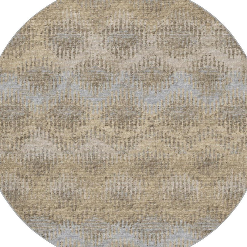 8' Gray And Brown Geometric Shag Washable Round Rug With UV Protection