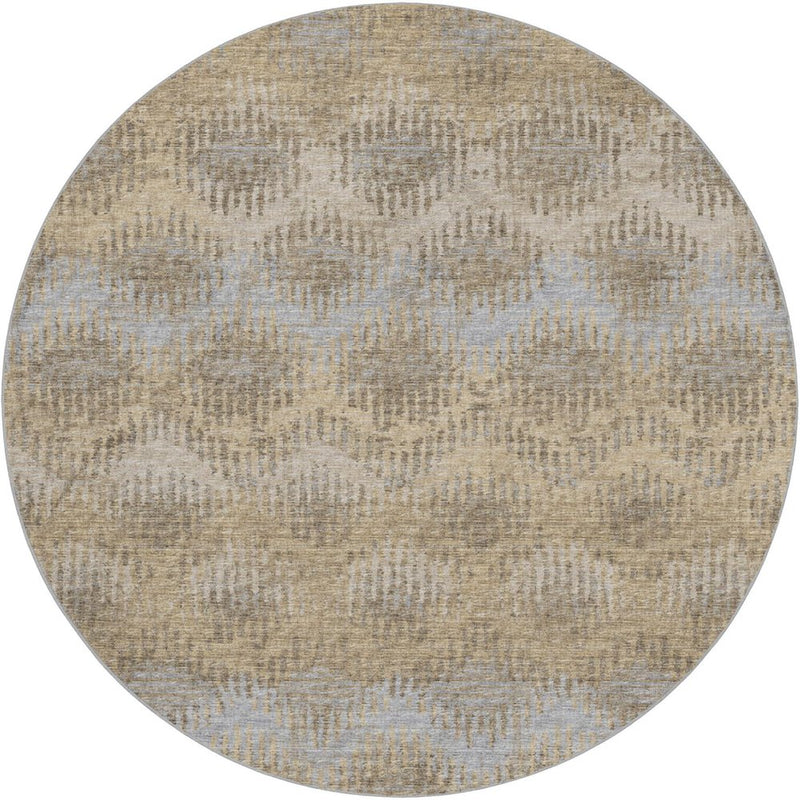 8' Gray And Brown Geometric Shag Washable Round Rug With UV Protection