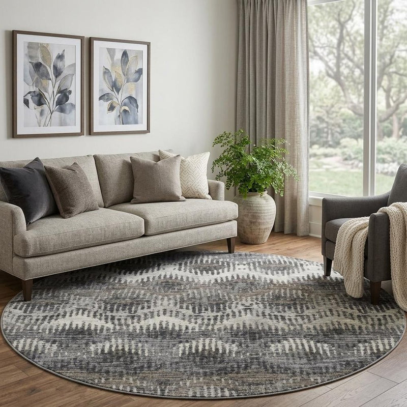 8' Gray And Chocolate Geometric Shag Washable Round Rug With UV Protection