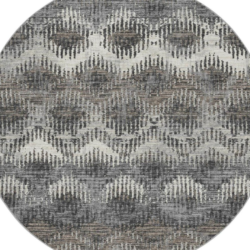 8' Gray And Chocolate Geometric Shag Washable Round Rug With UV Protection