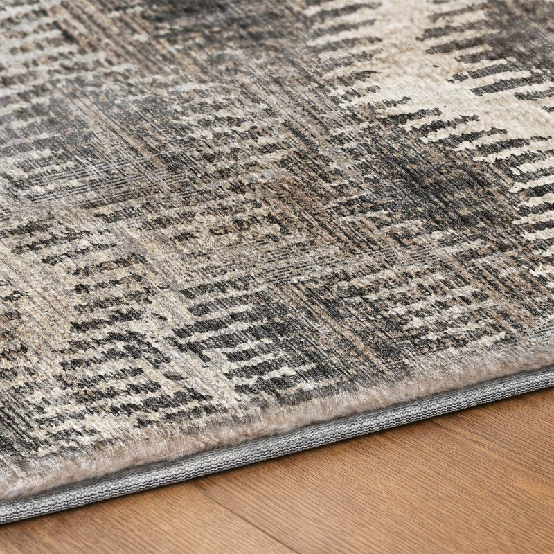 8' Gray And Chocolate Geometric Shag Washable Round Rug With UV Protection