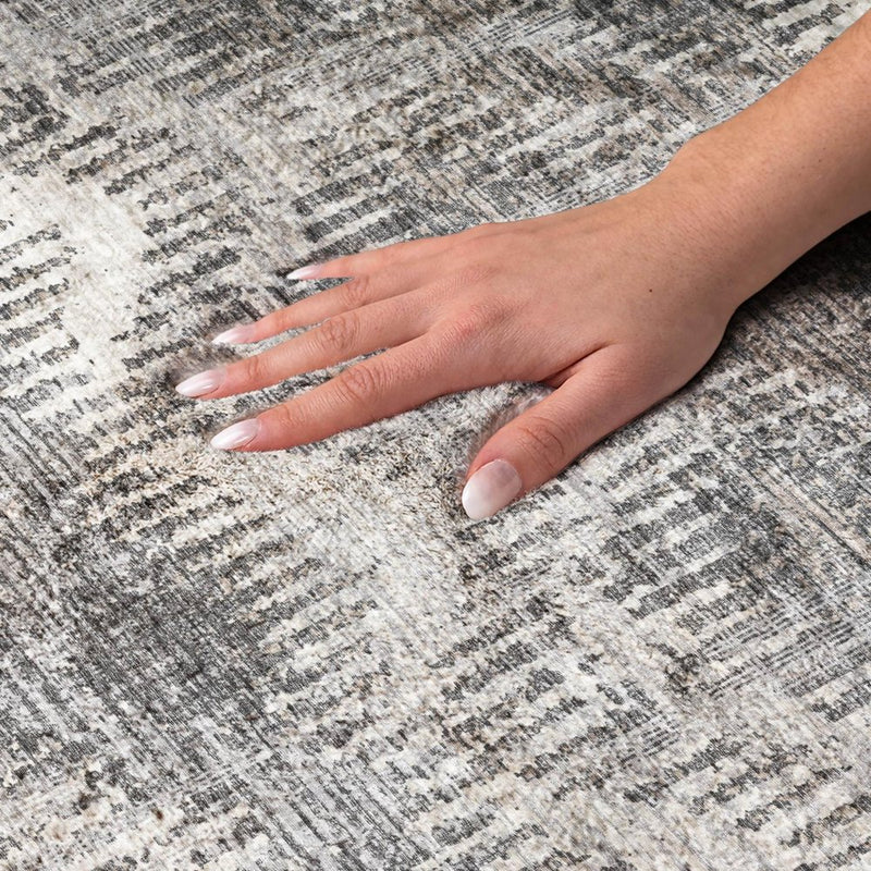 8' Gray And Chocolate Geometric Shag Washable Round Rug With UV Protection
