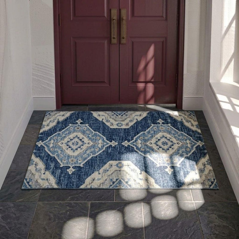 3' X 5' Blue And Charcoal Oriental Shag Washable Area Rug With UV Protection