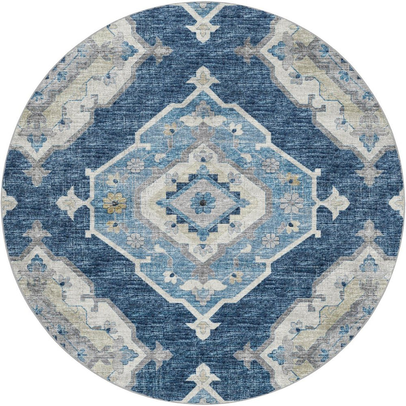 8' Blue And Charcoal Oriental Shag Washable Round Rug With UV Protection