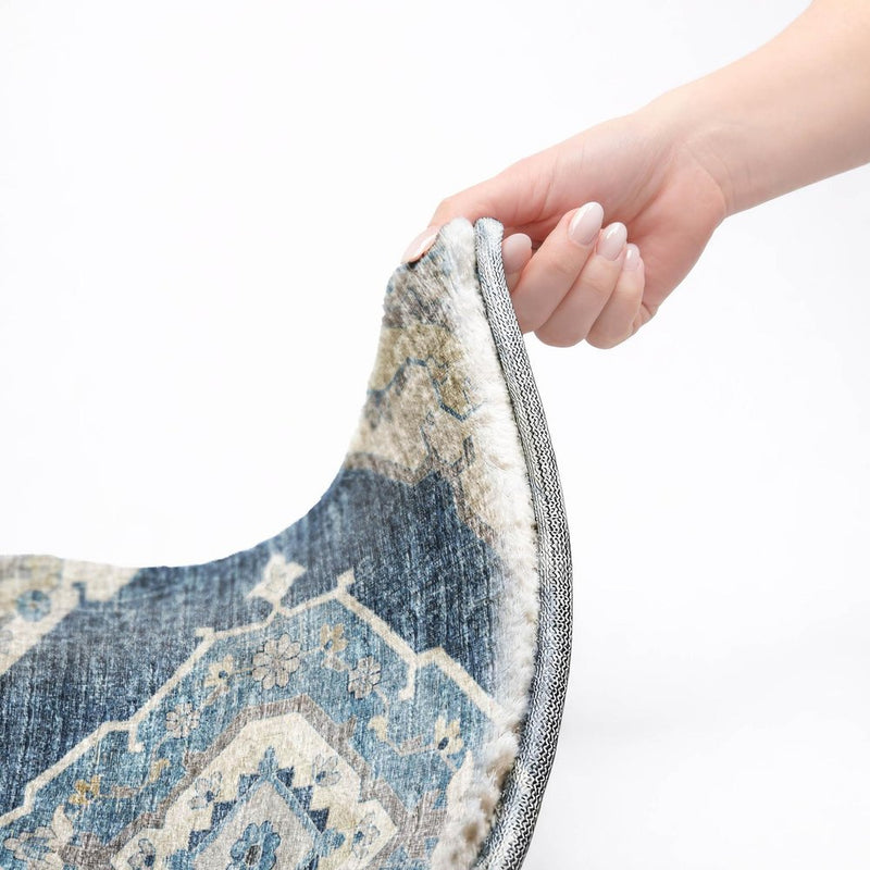 8' Blue And Charcoal Oriental Shag Washable Round Rug With UV Protection